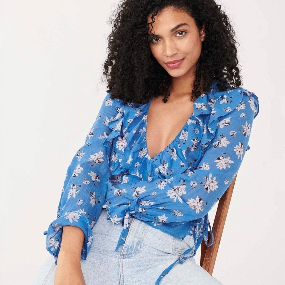 Free People Amanda Wrap Top Long Sleeve Ruffle Cottagecore Prairie Bell Sleeve